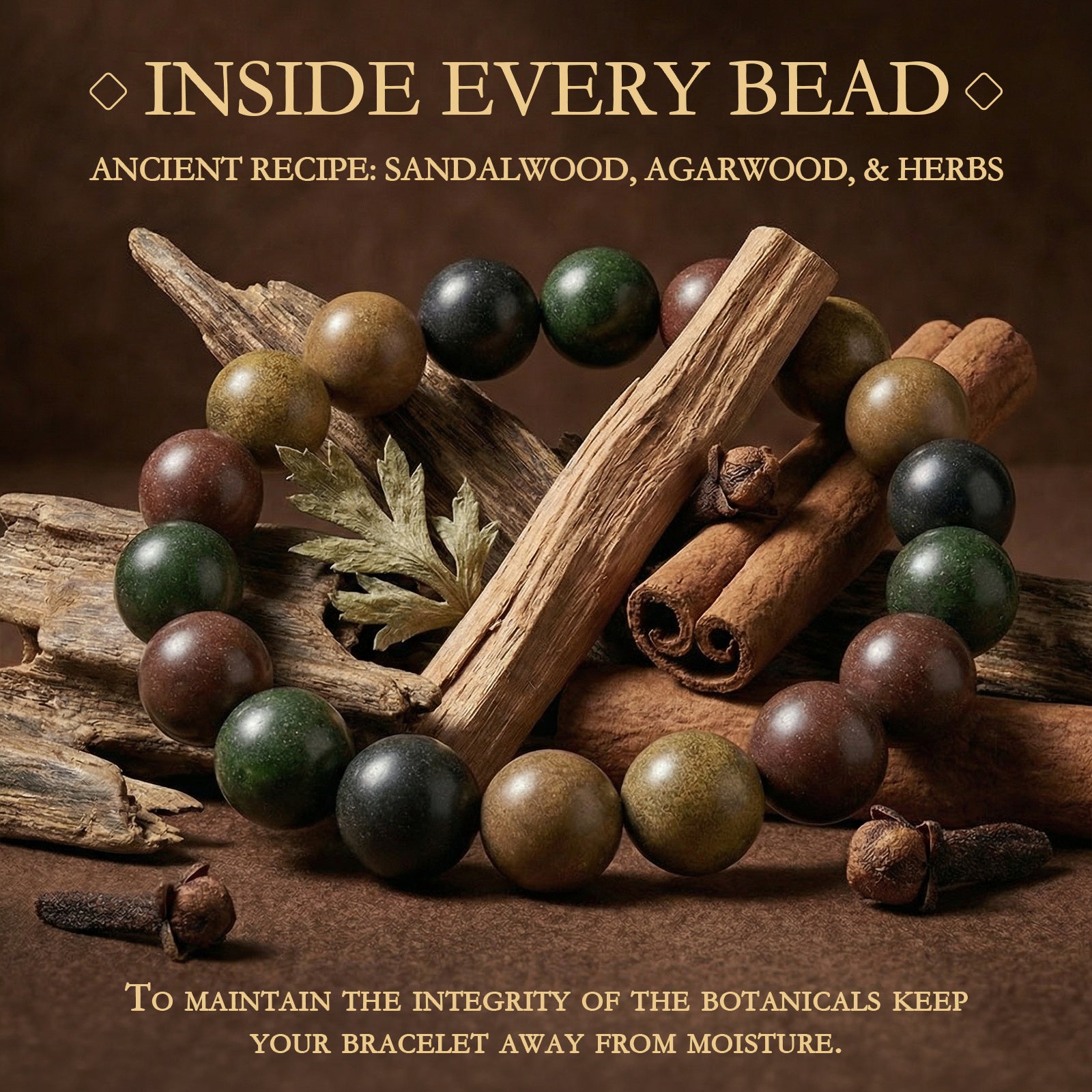 Sandalwood, agarwood and herbs beside the finished incense beads