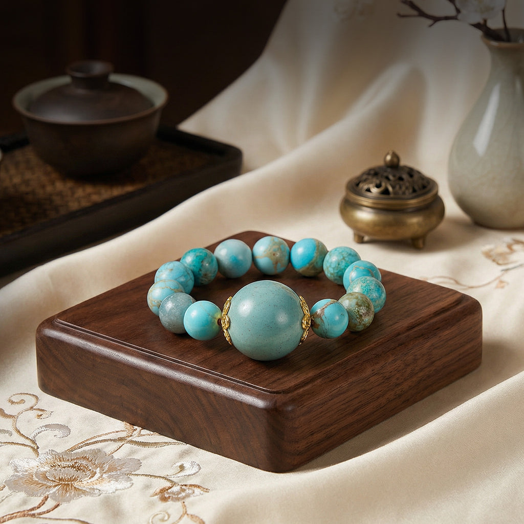 Incense bead ring resting on a walnut block beside a censer