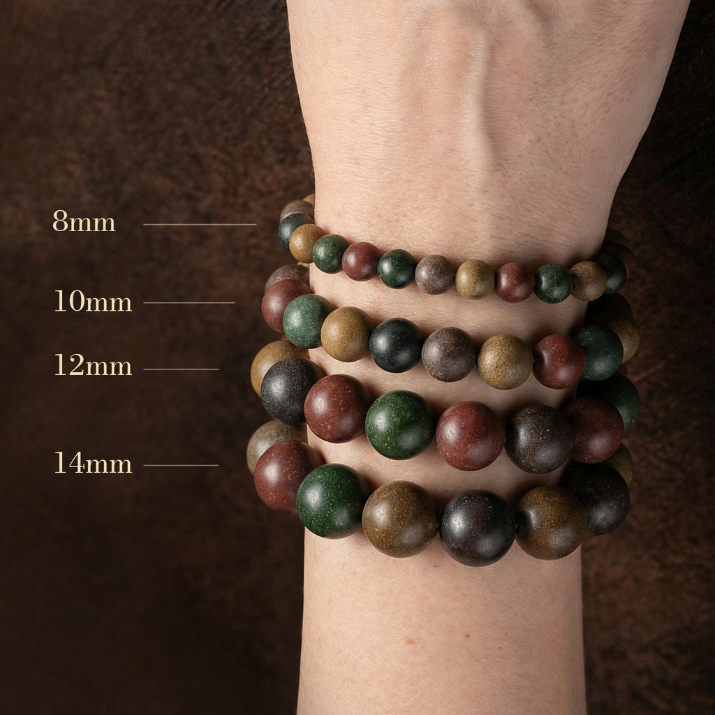 Bead size guide: 8mm, 10mm, 12mm and 14mm worn on a wrist