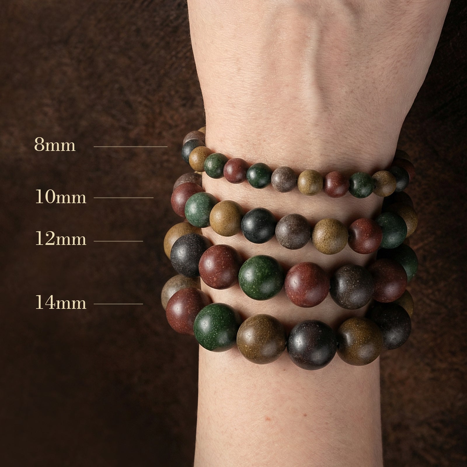 Bead size guide: 8mm, 10mm, 12mm and 14mm worn on a wrist