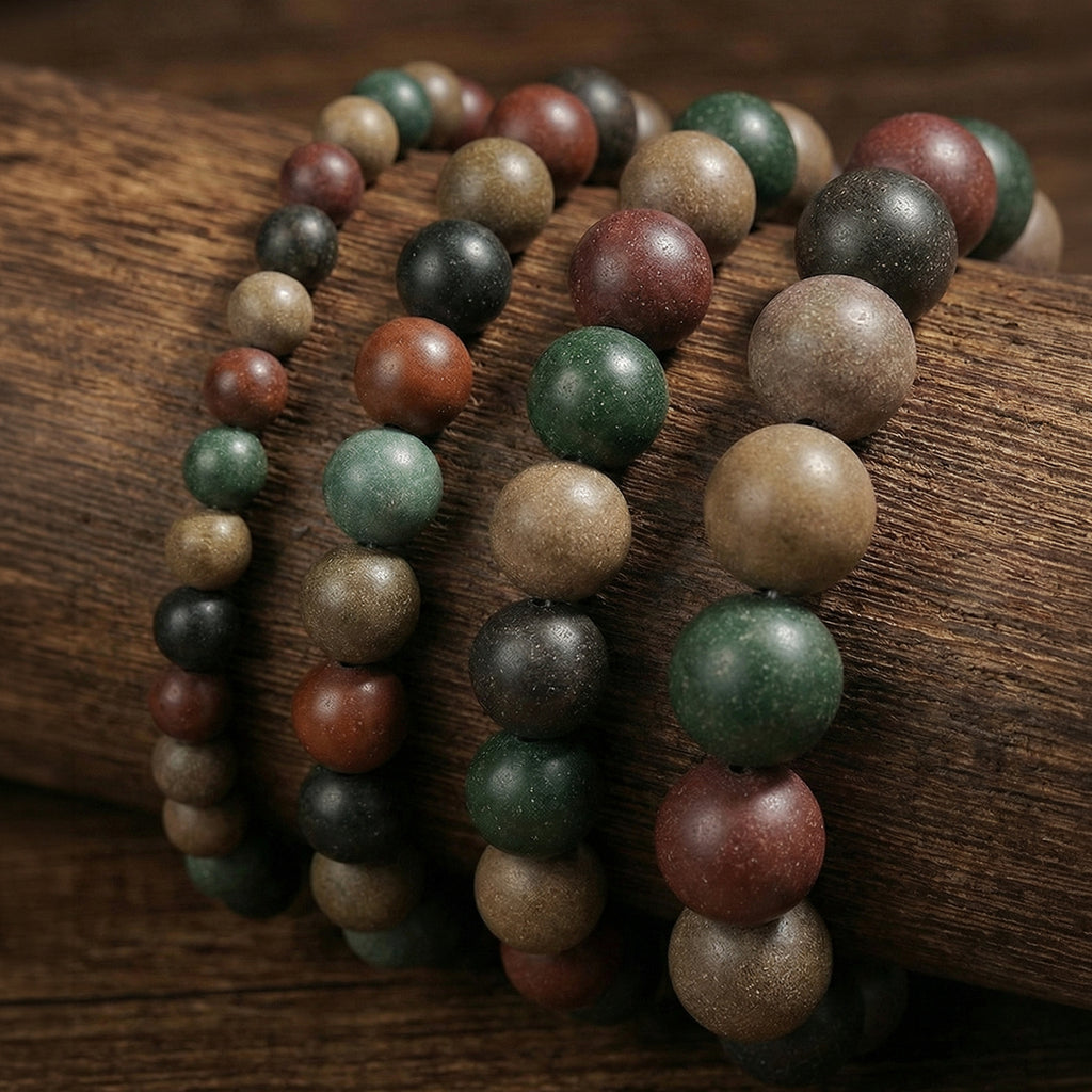 Four bead sizes of the Five Elements bracelet on weathered wood