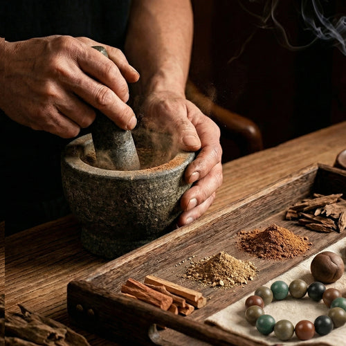 Botanicals being hand-ground in a stone mortar beside a strand of finished incense beads