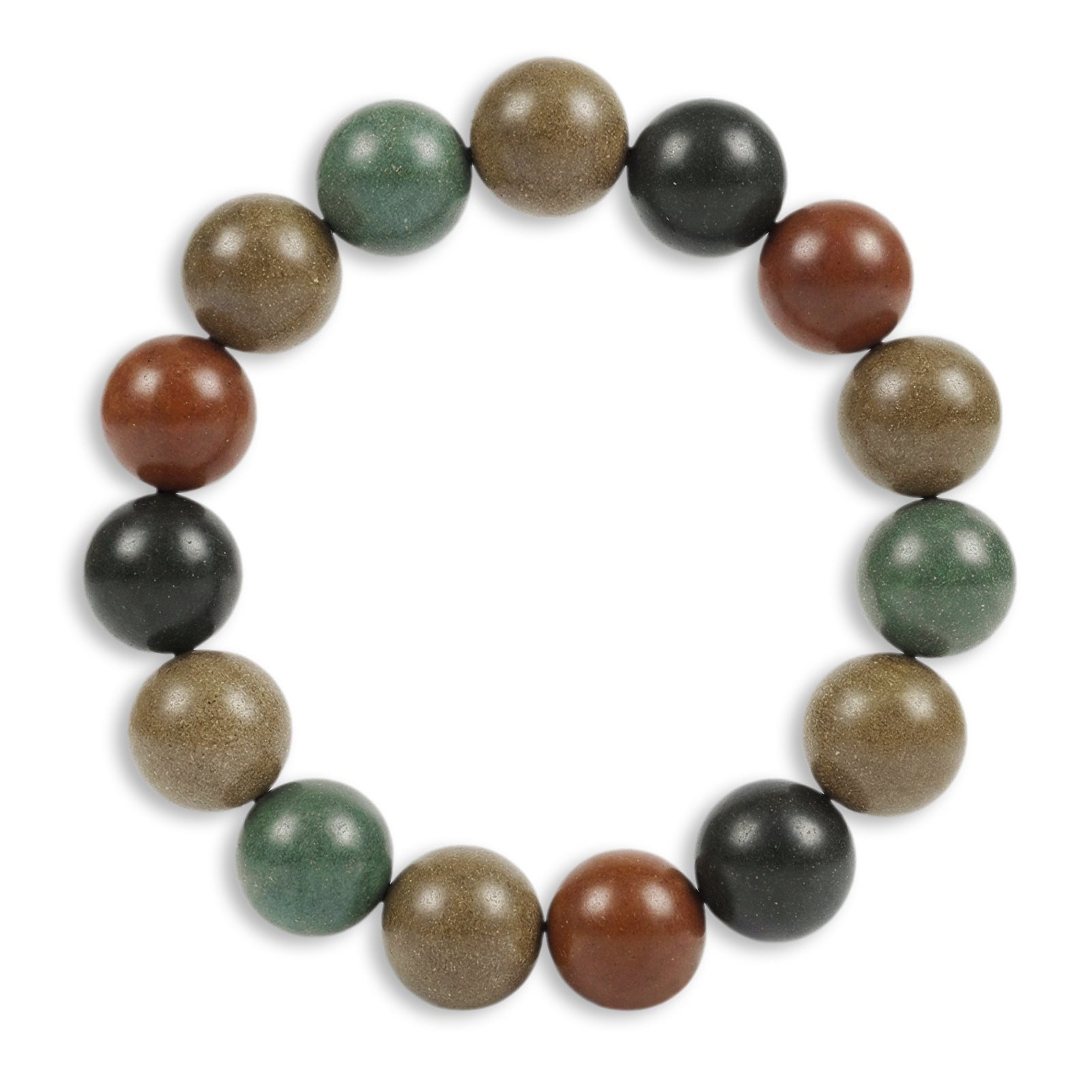 Hand-rolled Five Elements bracelet, 14mm beads seen from above