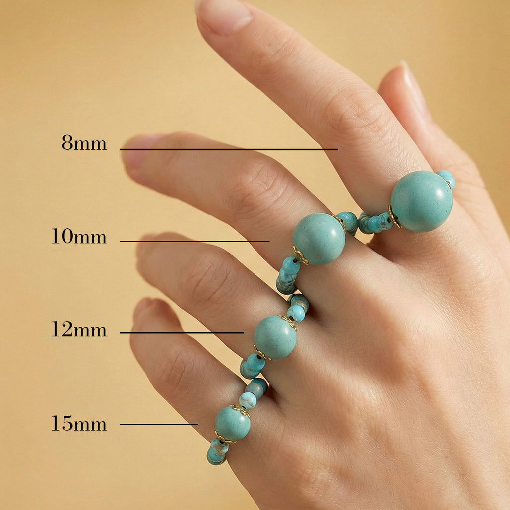 Bead size guide: 8mm, 10mm, 12mm and 15mm shown on a hand